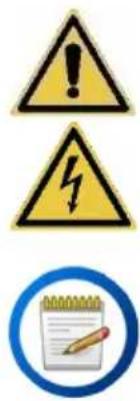 Warning symbols and a notepad icon, including warning triangle, lightning bolt, and document with pencil