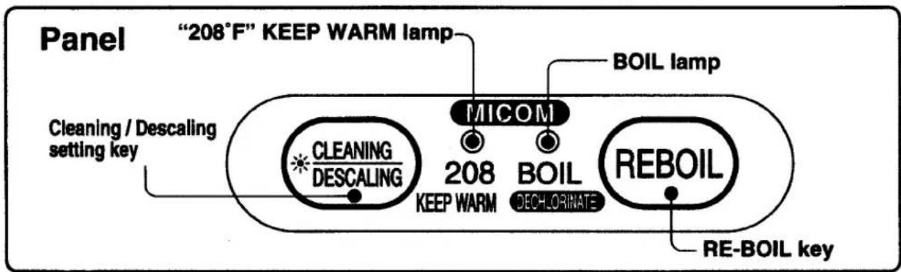 Panel "208°F" KEEP WARM lamp Cleaning / Descaling setting key CLEANING DESCALING MICOM 208 KEEP WARM BOIL DECHLORINATE REBOIL RE-BOIL key