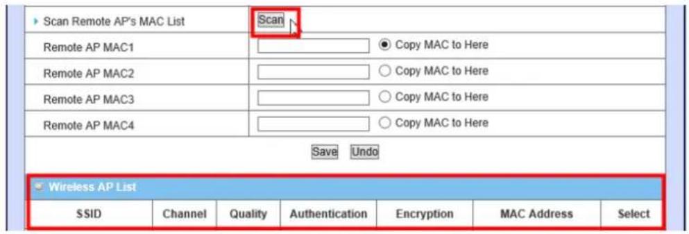 Scan Remote AP's MAC List Scan Remote AP MAC1 Copy MAC to Here Remote AP MAC2 Copy MAC to Here Remote AP MAC3 Copy MAC to Here Remote AP MAC4 Copy MAC to Here Save Undo Wireless AP List SSID Channel Quality Authentication Encryption MAC Address Select