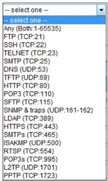 -- select one -- -- select one -- Any (Both:1-65535) FTP (TCP:21) SSH (TCP:22) TELNET (TCP:23) SMTP (TCP:25) DNS (UDP:53) TFTP (UDP:69) HTTP (TCP:80) POP3 (TCP:110) SFTP (TCP:115) SNMP & traps (UDP:161-162) LDAP (TCP:389) HTTPS (TCP:443) SMTPs (TCP:465) ISAKMP (UDP:500) RTSP (TCP:554) POP3s (TCP:995) L2TP (UDP:1701) PPTP (TCP:1723)