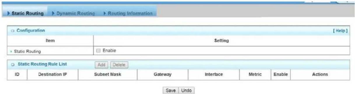Static Routing Dynamic Routing Routing Information Configuration Item Setting Static Routing Enable Static Routing Rule List Add Delete ID Destination IP Subnet Mask Gateway Interface Metric Enable Actions Save Undo