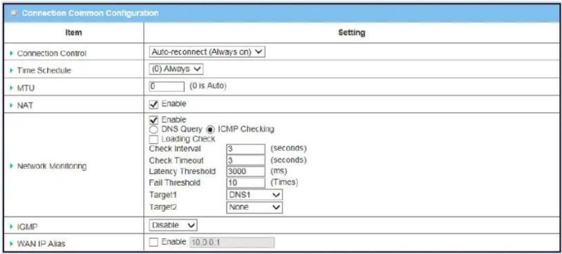 Connection Common Configuration Item Setting ► Connection Control Auto-reconnect (Always on) ► Time Schedule (0) Always ► MTU 0 (0 is Auto) ► NAT ✓ Enable ► Network Monitoring ✓ Enable ○ DNS Query ● ICMP Checking □ Loading Check Check Interval 3 (seconds) Check Timeout 3 (seconds) Latency Threshold 3000 (ms) Fail Threshold 10 (Times) cadet1 DNS1 cadet2 None ► IGMP Disable ► WAN IP Alias □ Enable 10.0.0.1