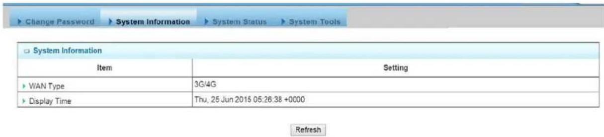 Change Password ▶ System Information ▶ System Status ▶ System Tools □ System Information Item Setting WAN Type 3G/4G Display Time Thu, 25 Jun 2015 05:26:38 +0000 Refresh