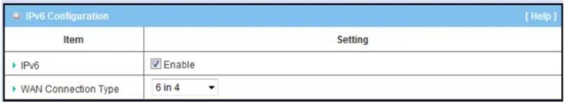 IPv6 Configuration [ Help ] Item Setting ► IPv6 ✓ Enable ► WAN Connection Type 6 in 4 ▼