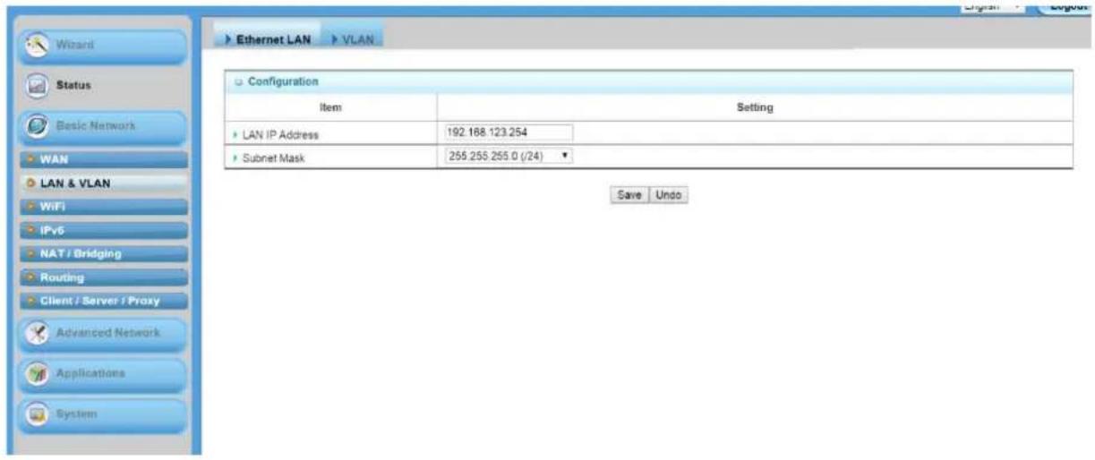 Ethernet LAN Configuration Item Setting LAN IP Address 192.168.123.254 Subnet Mask 255.255.255.0 (/24) Save Undo
