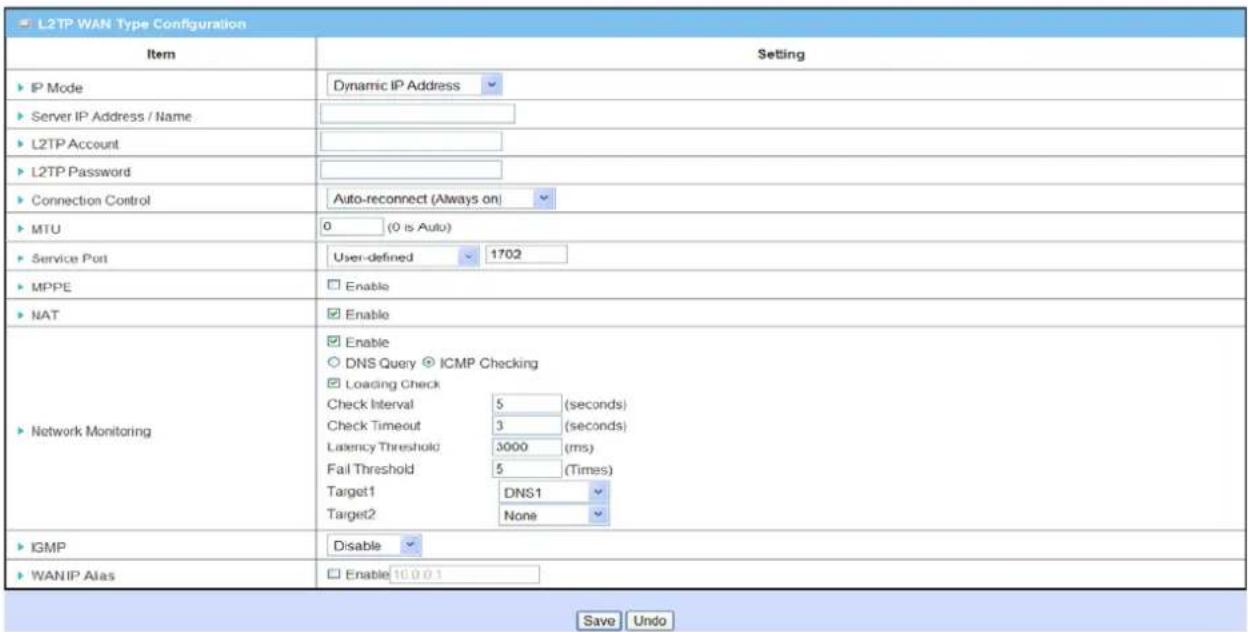 L2TP WAN Type Configuration Item Setting ► IP Mode Dynamic IP Address ► Server IP Address / Name: ► L2TP Account: ► L2TP Password: ► Connection Control Auto-reconnect (Always on) ► MTU 0 (0 is Auto) ► Service Port User-defined 1702 ► MPPE Enable ► NAT Enable ► Network Monitoring Enable DNS Query ICMP Checking Loading Check Check Interval 5 (seconds) Check Timeout 3 (seconds) Latency Threshold 3000 (ms) Fail Threshold 5 Times) Cdnter1 DNS1 Cdnter2 None ► IGMP Disable ► WANIP Alas Enable 10.0.0.1 Save Undo