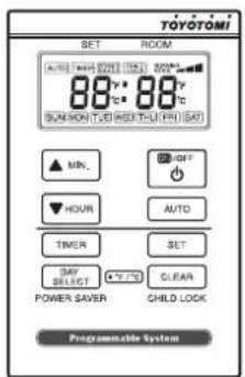 TOYOTOMI SET ROOM AUTO TURAV 200V (15A) 300V 88°F 88°F SUMMON (TUE) RED BULF (SAT) MIN. OFF HOUR AUTO TIMER SET SHP SELECT +7.75 CLEAR POWER SAVER CHILD LOCK Programmable System