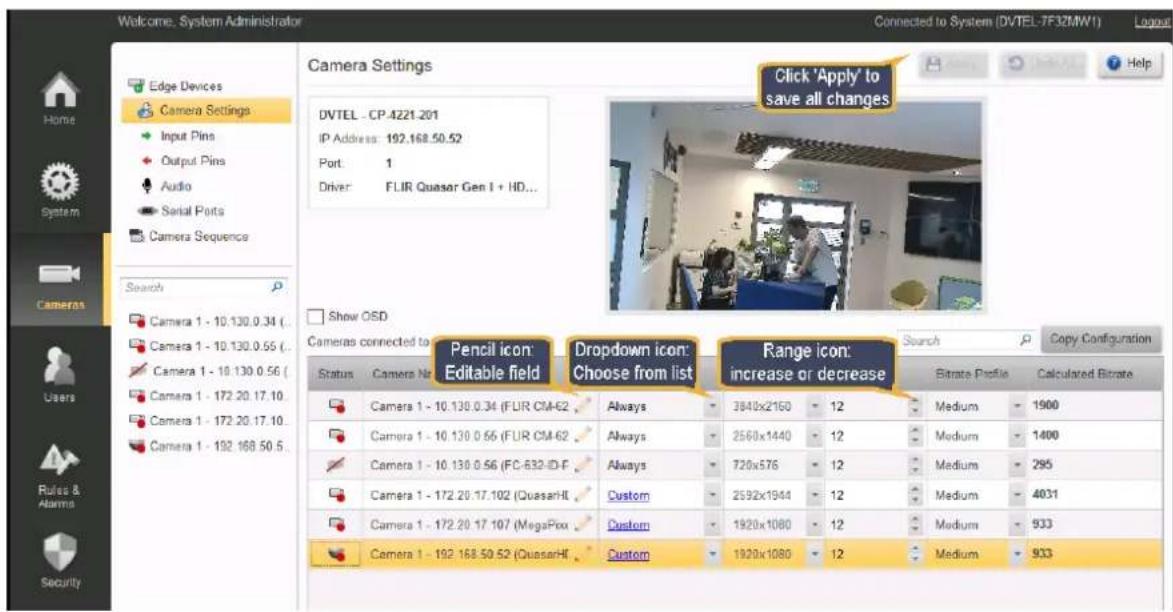 Welcome. System Administrator Connected to System (DVTEL-7F32MW1) Login Edge Devices Camera Settings Input Pins Output Pins Audio Serial Ports Camera Sequence Home System Cameras Camera 1 - 10.130.0.34 (.) Camera 1 - 10.130.0.56 (.) Camera 1 - 10.130.0.56 (.) Camera 1 - 172.20.17.10. Camera 1 - 172.20.17.10. Camera 1 - 192.168.50.5 Search Pencil icon: Editable field Dropdown icon: Choose from list Range icon: increase or decrease Show OSD Cameras connected to Status Camera Nr Camera 1 - 10.130.0.34 (FLIR CM-62 Camera 1 - 10.130.0.56 (FLIR CM-62 Camera 1 - 10.130.0.56 (FC-632-ID-F Camera 1 - 172.20.17.102 (QuasarHf Camera 1 - 172.20.17.107 (MegaPix Camera 1 - 192.168.50.52 (QuasarHf Click 'Apply' to save all changes Estrate Profile Calculated Birate Medium 1900 Medium 1400 Medium 295 Medium 4031 Medium 933 Medium 933