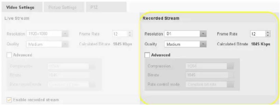 Video Settings Picture Settings PTZ Live Stream Resolution 1920x1060 Frame Rate 12 Quality Medium Calculated Bitrate 1845 Kbps Advanced Compression 10Kbps Bitrate 1845 Rate control mode Constant bit rate Recorded Stream Resolution D1 Frame Rate 12 Quality Medium Calculated Bitrate 1845 Kbps Advanced Compression H061 Bitrate 1845 Rate control mode Constant bit rate Enable recorded stream
