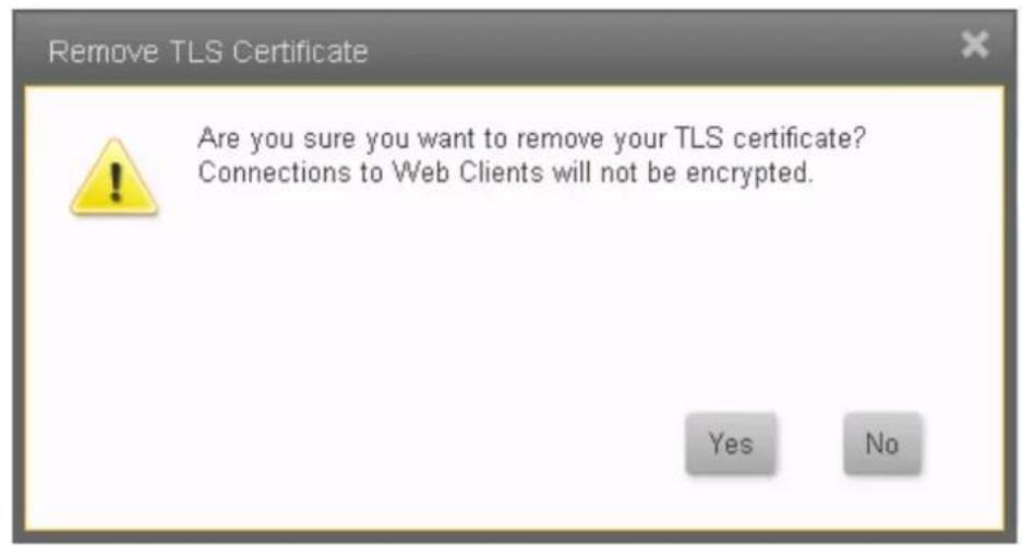 Remove TLS Certificate Are you sure you want to remove your TLS certificate? Connections to Web Clients will not be encrypted. Yes No