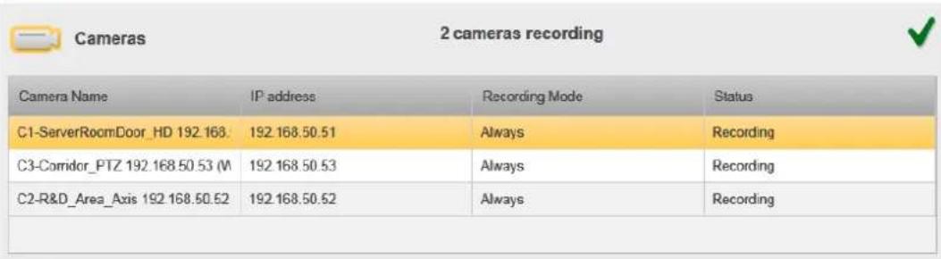 Cameras 2 cameras recording Camera Name IP address Recording Mode Status C1-ServerRoomDoor_HD 192.168: 192.168.50.51 Always Recording C3-Corridor_PTZ 192.168.50.53 (M 192.168.50.53 Always Recording C2-R&D_Area_Axis 192.168.50.52 192.168.50.52 Always Recording