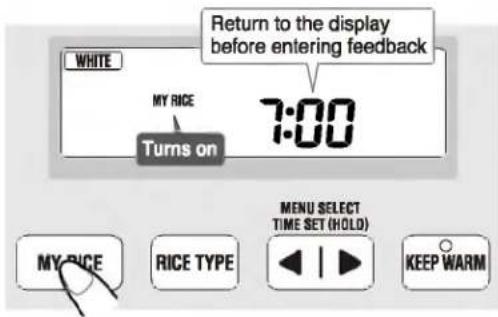 Return to the display before entering feedback WHITE MY RICE Turns on 7:00 MY RICE RICE TYPE MENU SELECT TIME SET (HOLD) KEEP WARM