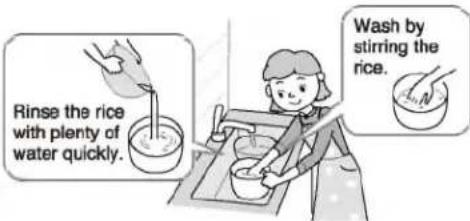 Rinse the rice with plenty of water quickly. Wash by stirring the rice.