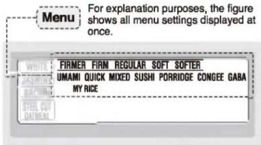 Menu For explanation purposes, the figure shows all menu settings displayed at once. WHITE FIRMER FIRM REGULAR SOFT SOFTER JASIKING UMAMI QUICK MIXED SUSHI PORRIDGE CONGEE GABA BROWING MY RICE STEEL CUT DATINEAL