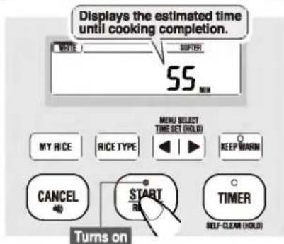 Displays the estimated time until cooking completion. WRITE 55 MIN MENU SELECT TIME SET (HOLD) MY RICE RICE TYPE KEEP WARM CANCEL START TIMER BSELF-CLEAR (HOLD) Turns on