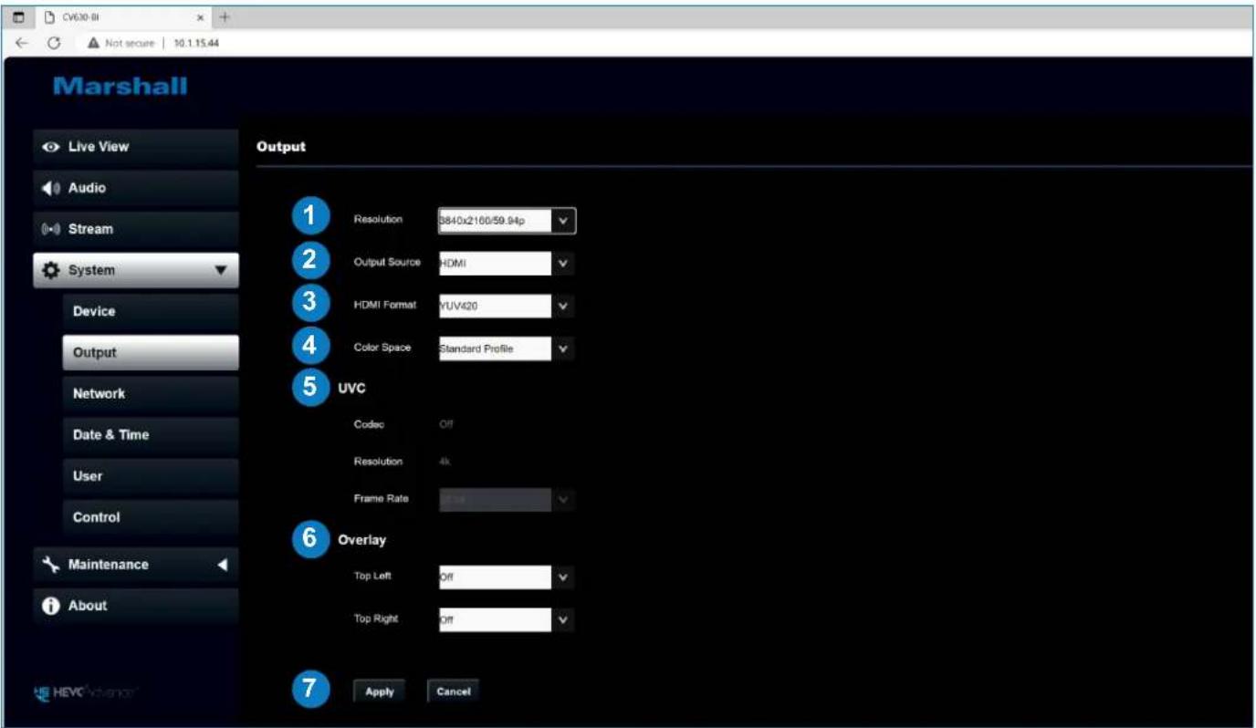 Live View Audio Stream System Device Output Network Date & Time User Control Maintenance About HEVC Advance Output 1 Resolution 3840x2160/59.94p 2 Output Source HDMI 3 HDMI Format YUV420 4 Color Space Standard Profile 5 UVC Codec Off Resolution 4k Frame Rate 100 6 Overlay Top Left Off Top Right Off 7 Apply Cancel
