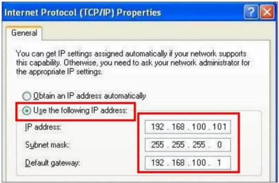 Internet Protocol (TCP/IP) Properties General You can get IP settings assigned automatically if your network supports this capability. Otherwise, you need to ask your network administrator for the appropriate IP settings. Obtain an IP address automatically Use the following IP address: IP address: 192 . 168 . 100 . 101 Subnet mask: 255 . 255 . 255 . 0 Default gateway: 192 . 168 . 100 . 1