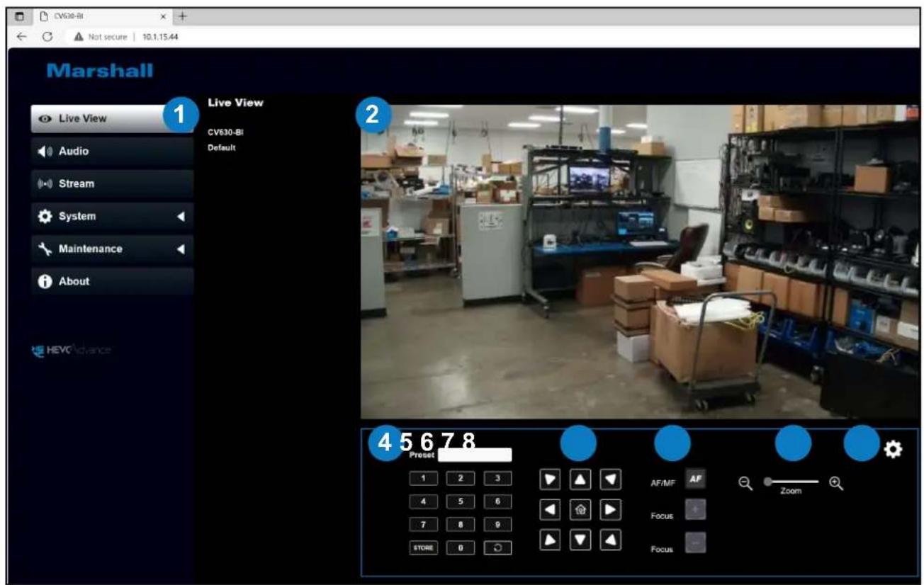 CV630-BI Not secure | 10.1.15.44 Marshall Live View Live View CV630-BI Default Audio Stream System Maintenance About HEVC Advance 2 4 5 6 7 8 Preset 1 2 3 4 5 6 7 8 9 STORE 0 AF/MF AF Zoom Focus + Focus