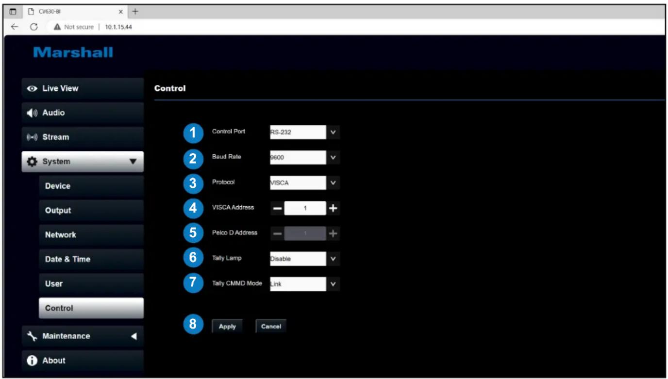 CV630-BI Not secure | 10.1.15.44 Marshall Live View Audio Stream System Device Output Network Date & Time User Control Maintenance About Control 1 Control Port RS-232 2 Baud Rate 9600 3 Protocol VISCA 4 VISCA Address - 1 + 5 Pelco D Address - 1 + 6 Tally Lamp Disable 7 Tally CMMD Mode Link 8 Apply Cancel