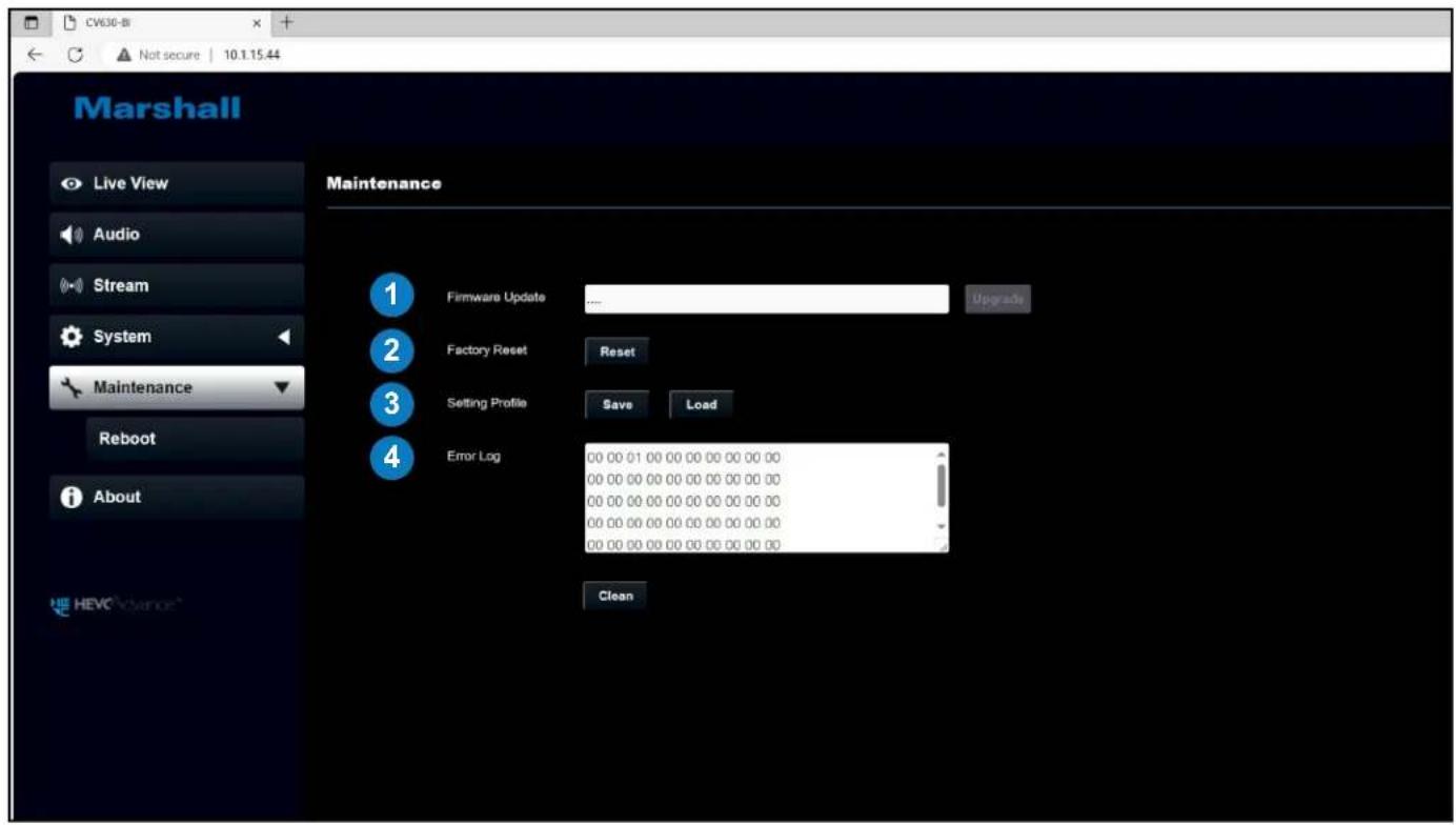 CV630-BI Not secure | 10.1.15.44 Marshall Live View Audio Stream System Maintenance Reboot About Maintenance 1 Firmware Update .... 2 Factory Reset Reset 3 Setting Profile Save Load 4 Error Log 00 00 01 00 00 00 00 00 00 00 00 00 00 00 00 00 00 00 00 00 00 00 00 00 00 00 00 00 00 00 00 00 00 00 00 00 00 00 00 00 00 00 00 00 00 00:00:00:00 00 00 00 00 00:00:00:00:00 Clean