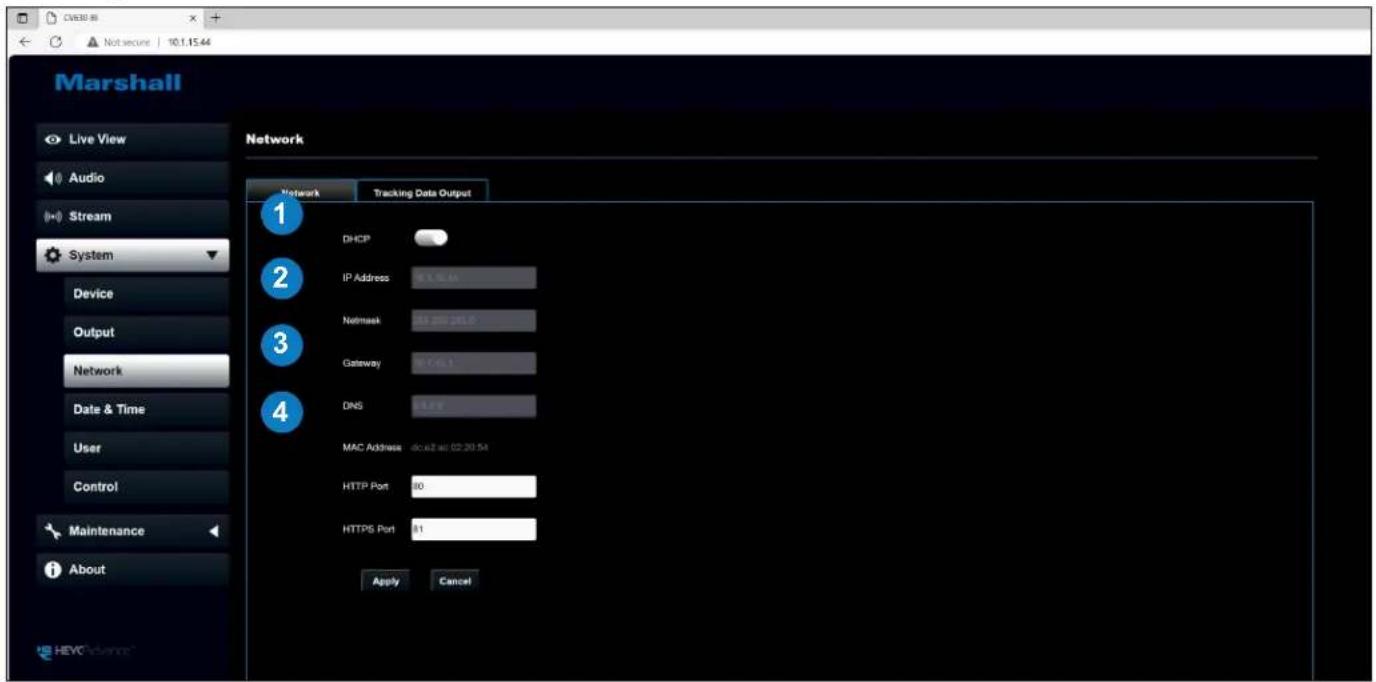 Marshall Live View Audio Stream System Device Output Network Date & Time User Control Maintenance About Network Tracking Data Output DHCP IP Address 8.1.06.44 Netmask 85.200.261.0 Gateway 86.7.46.3 DNS 8.1.06 MAC Address dc:62 at:02:20:54 HTTP Port 80 HTTPS Port 81 Apply Cancel