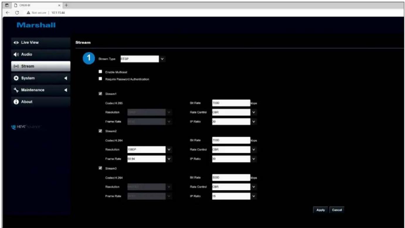 Live View Audio Stream System Maintenance About HEVC Not secure 10.1.15.44 Marshall Stream Stream Type RTSP Enable Multicast Require Password Authentication Stream1 Codec: H.265 Resolution 1000 Frame Rate 99.94 Stream2 Codec: H.264 Resolution 1080P Frame Rate 68.94 Stream3 Codec: H.264 Resolution 1080P Frame Rate 99.94 Stream3 Bit Rate 7000 kbps Rate Control CBR IP Ratio 30 Bit Rate 7000 kbps Rate Control CBR IP Ratio 30 Bit Rate 5000 kbps Rate Control CBR IP Ratio 15 Apply Cancel