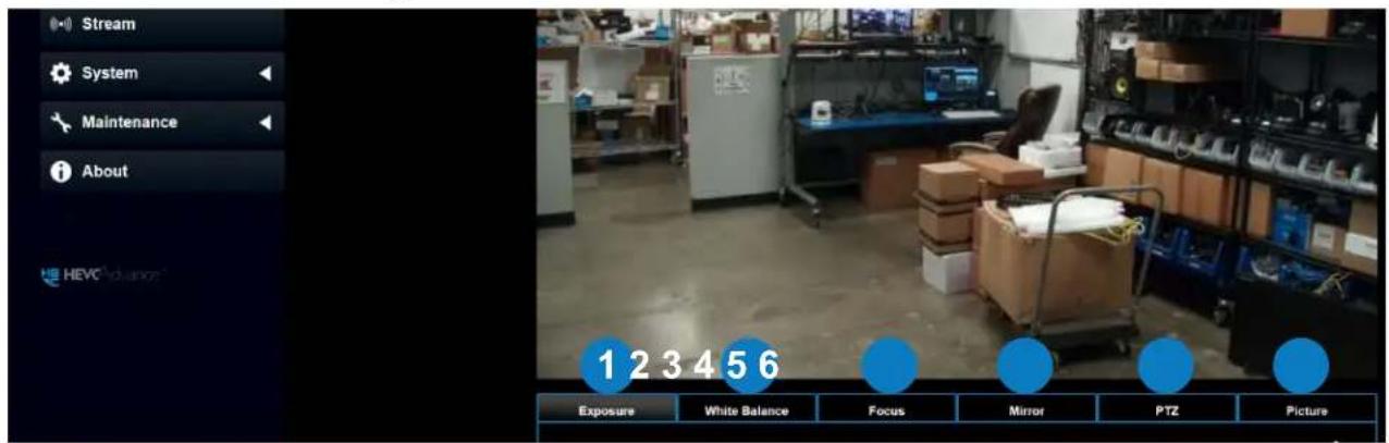 Stream System Maintenance About HEVC 1 2 3 4 5 6 Exposure White Balance Focus Mirror PTZ Picture