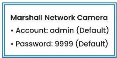 Marshall Network Camera • Account: admin (Default) • Password: 9999 (Default)