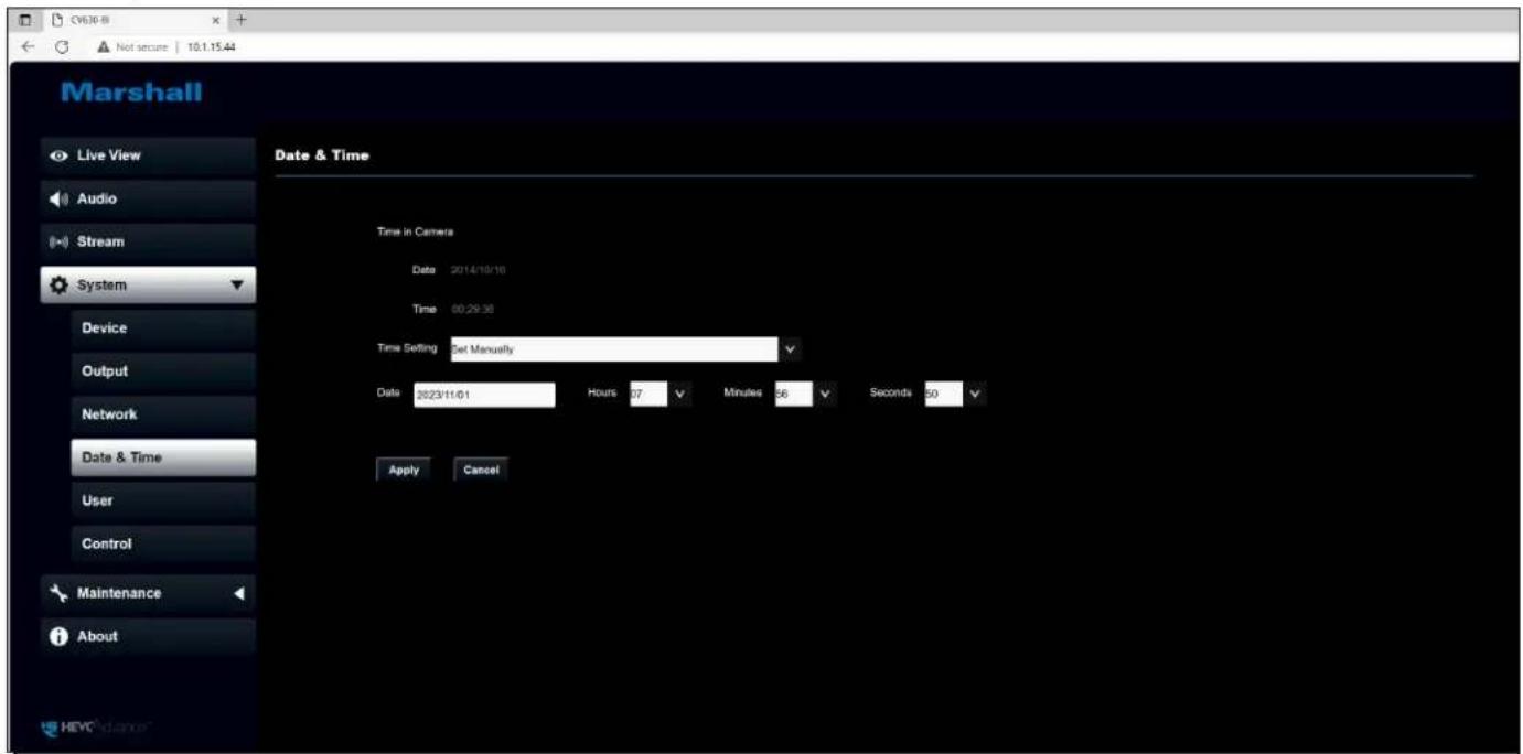 Marshall Live View Audio Stream System Device Output Network Date & Time User Control Maintenance About Date & Time Time in Camera Date 2014/10/10 Time 00:29:36 Time Setting Set Manually Date 2023/11/01 Hours 07 Minutes 56 Seconds 50 Apply Cancel