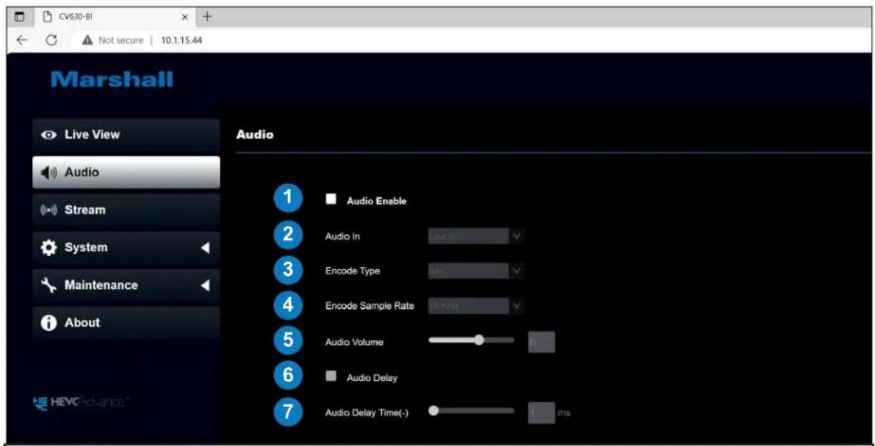 CV630-BI Not secure | 10.1.15.44 Marshall Live View Audio Stream System Maintenance About Audio 1 Audio Enable 2 Audio In 3 Encode Type 4 Encode Sample Rate 5 Audio Volume 6 Audio Delay 7 Audio Delay Time(-) 1 ms