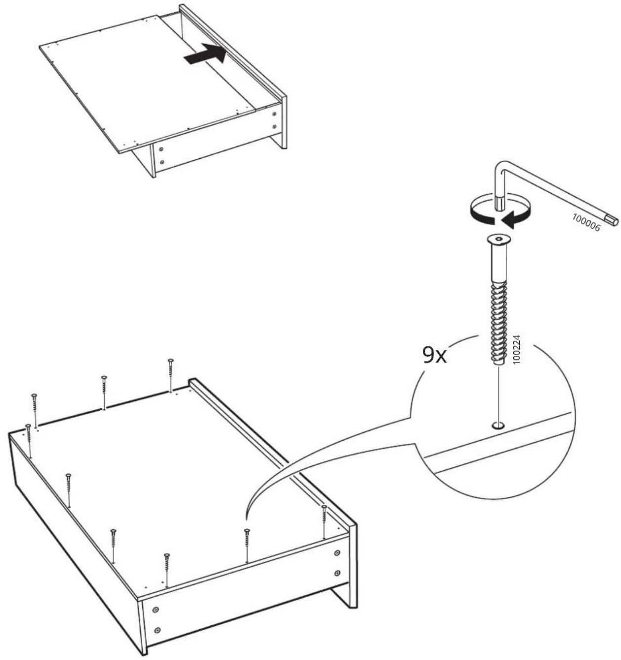 Technical diagram showing assembly steps of a mechanical component with labeled parts and dimensions