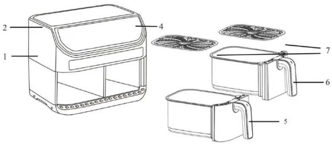 Technical diagram of a microwave oven with labeled parts including front panel, side dish, and air filter