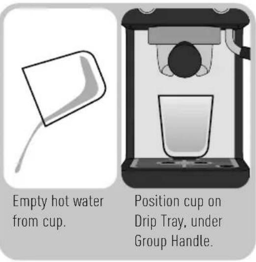 Empty hot water from cup. Position cup on Drip Tray, under Group Handle.