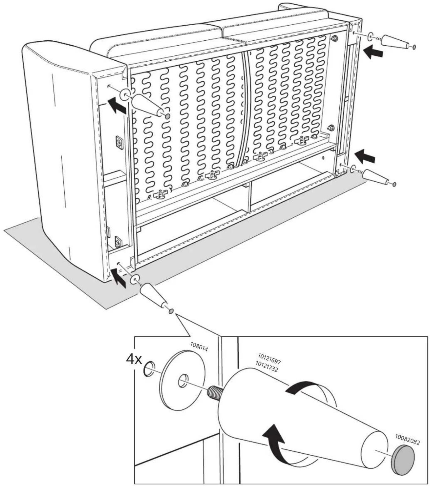 Technical diagram of a refrigerator with labeled components and a magnified view showing internal structure and mechanical assembly.