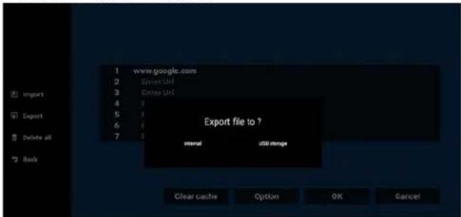 1 www.google.com 2 Server URL 3 Ester URL 4 5 6 7 Export file to ? Internal USB range Clear cache Option OK Cancel