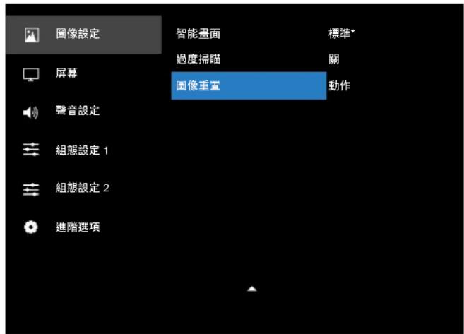 圖像設定 屏幕 聲音設定 組態設定 1 組態設定 2 進階選項 智能畫面 過度掃瞄 圖像重置 標準* 關 動作