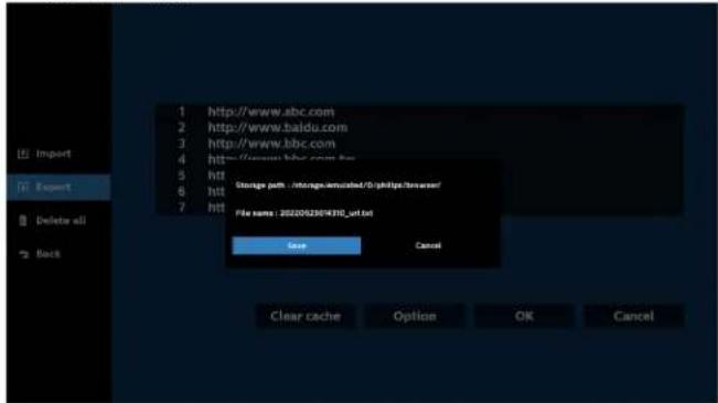 Import Export Delete all Back 1 http://www.abc.com 2 http://www.baidu.com 3 http://www.bbc.com 4 http://www.bbc.com.hsc 5 htt 6 htt Storage path / Storage.xmuclsd/0/0?http://browser/ 7 htt File name: 202002304310_url.txt Save Cancel Clear cache Option OK Cancel