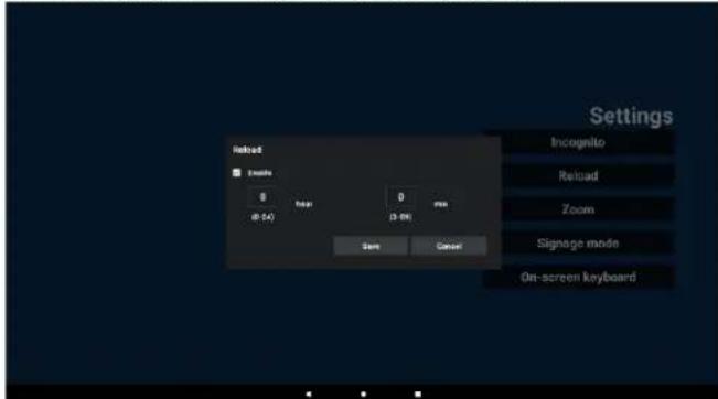 Settings Reload Trim 0 8 (54) Help 0 (2 mm) min Start Cancel Incognito Reload Zoom Signage mode On-screen keyboard