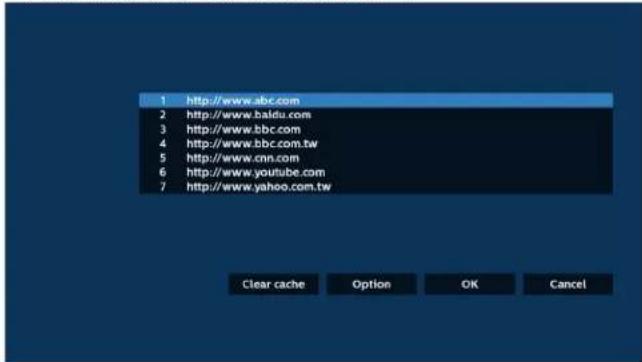 1 http://www.abc.com 2 http://www.baidu.com 3 http://www.bbc.com 4 http://www.bbc.com.tw 5 http://www.cnn.com 6 http://www.youtube.com 7 http://www.yahoo.com.tw Clear cache Option OK Cancel