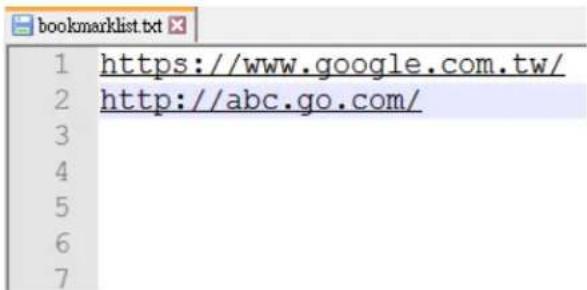 bookmarklist.txt 1 https://www.google.com.tw/ 2 http://abc.go.com/