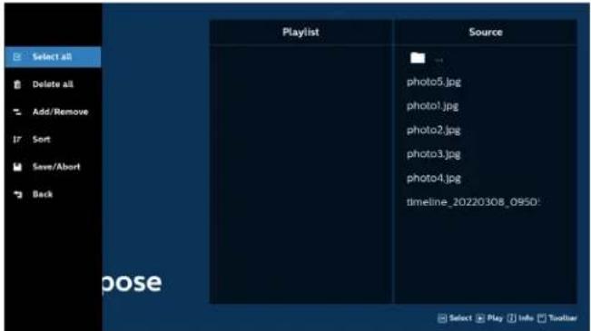 Select all Delete all Add/Remove Sort Save/Abort Back Playlist Source photo5.jpg photo1.jpg photo2.jpg photo3.jpg photo4.jpg timeline_20220308_0950: pose Select Play Info Toolbar