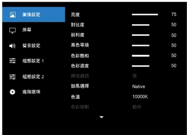 图像設定 亮度 75 對比度 50 銳利度 50 聲音設定 黑色等級 50 組態設定 1 色彩飽和 50 色彩濃度 50 組態設定 2 降低雜訊 低 伽馬選擇 Native 進階選項 色溫 10000K 色彩控制 動作