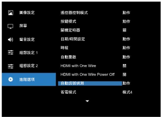 圖像設定 屏幕 聲音設定 組態設定 1 組態設定 2 進階選項 遙控器控制模式 按鍵模式 關機定時器 日期/時間設定 時程 自動重啟 HDMI with One Wire HDMI with One Wire Power Off 自動訊號偵測 省電模式 動作 動作 關 動作 動作4