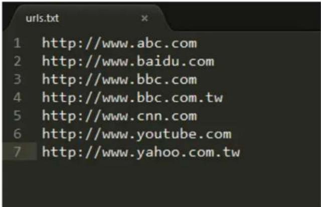 urls.txt 1 http://www.abc.com 2 http://www.baidu.com 3 http://www.bbc.com 4 http://www.bbc.com.tw 5 http://www.cnn.com 6 http://www.youtube.com 7 http://www.yahoo.com.tw