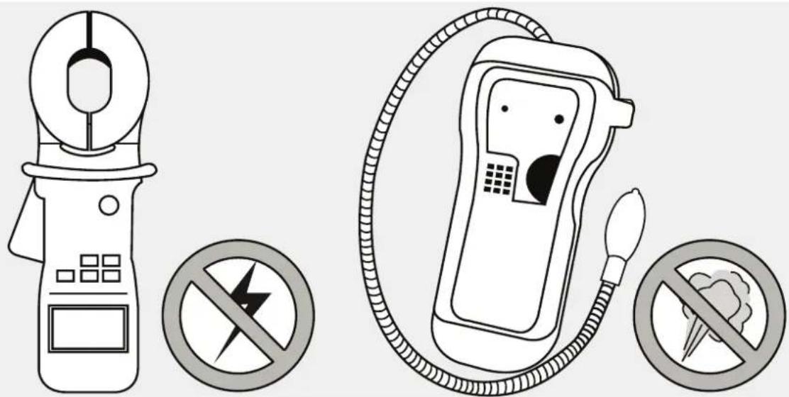 Safety warning illustration showing electric shock hazard and a phone with no/no explosion symbol