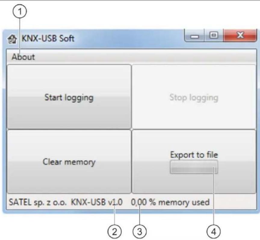 KNX-USB Soft About Start logging Stop logging Clear memory Export to file SATEL sp. z o.o. KNX-USB v1.0 0,00 % memory used ① ② ③ ④