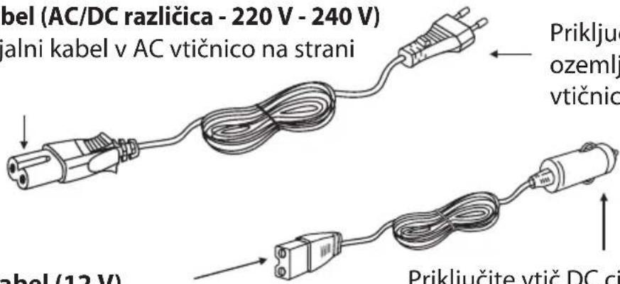 bel (AC/DC različica - 220 V - 240 V) jalni kabel v AC vtičnico na strani Priklijuč ozemlj vtičnic abel (12 V) Prikliučite vtič DC ci