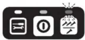 Three black-and-white icons representing fire safety symbols: a broken tool, a circular symbol, and a warning sign with hazard.