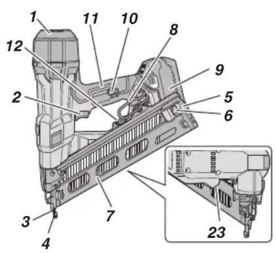 Technical diagram of a mechanical assembly with numbered components and an inset view labeled 23