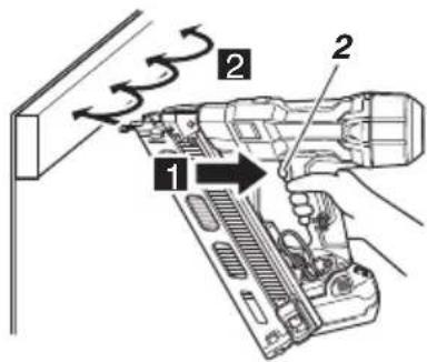 Technical diagram showing a hand operating a haptor with labeled parts 1 and 2, indicating motion or assembly steps.